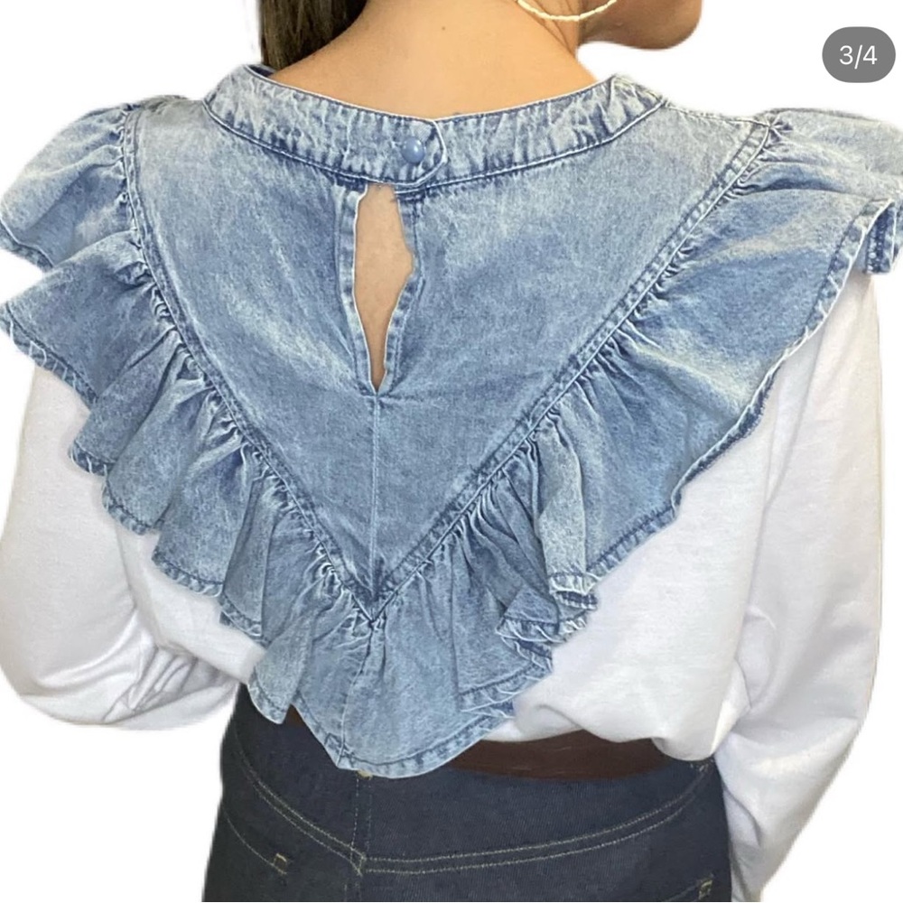 Denim Ruffle White Top - Picture 3 of 3